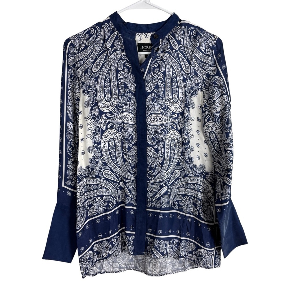 J. Crew Collection Collarless Classic Fit Shirt Size 00 Paisley Scarf Print NWT